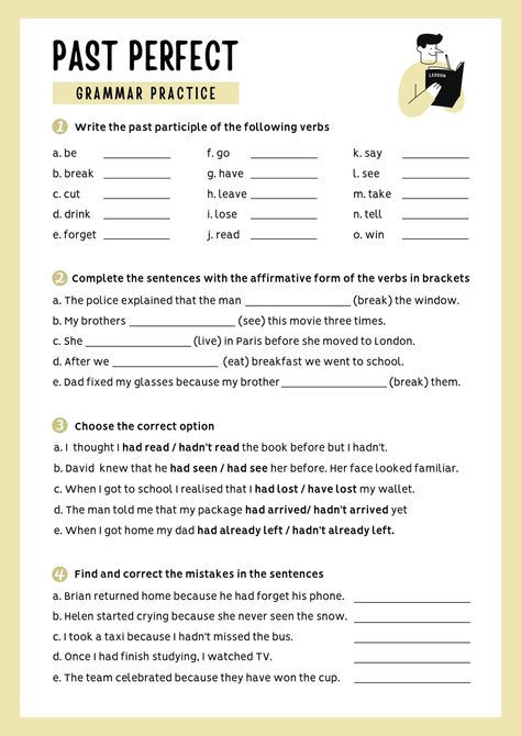 White Pastel Yellow Past Perfect Grammar Practice Worksheet - Templates by Canva Past Perfect Worksheets, Past Perfect Tense Exercises, Past Perfect Tense, Past Tense Worksheet, Easy Grammar, Reading Comprehension Texts, Reading Body Language, English Grammar Exercises, Grammar For Kids