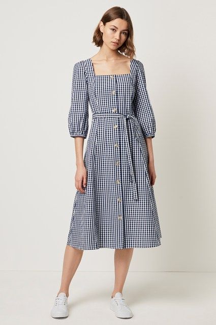 Lavande Gingham Button Dress | Collections | French Connection Clothing Pattern Design, Gingham Fashion, Girls Dress Sewing Patterns, Beautiful Maxi Dresses, Square Neck Dress, Vestidos Vintage, Gingham Dress, Button Dress, Casual Summer Dresses