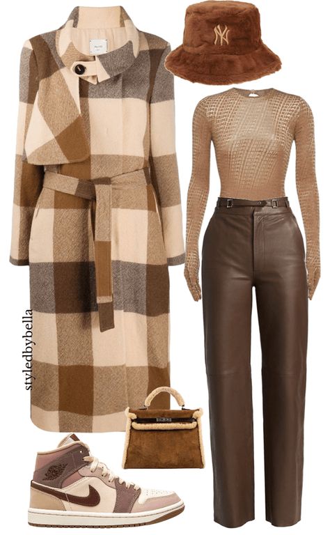 Winter Khaki Pants Outfit, Brown Matching Set Outfit, Khaki And Brown Outfit, Brown Autumn Outfit, Brown Leather Pants Outfit Winter, Cream And Brown Outfits, Beige And Brown Outfit Ideas, Tan Outfit Ideas, Brown Sneakers Outfit Women's