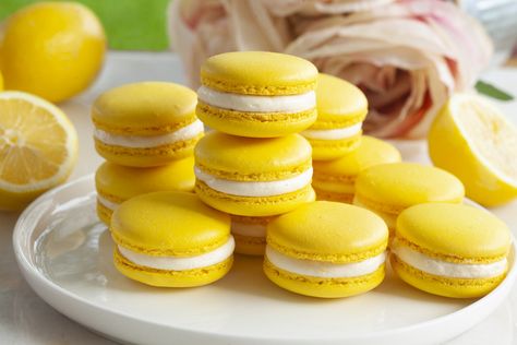 Lemon Curd Macarons, Lemon Macaron Filling, Macarons Lemon, Macaroons Lemon Raspberry, Blue And Yellow Macarons, Lemon Macaroons, Lemon Macarons, Egg White Protein, Trader Joes Recipes