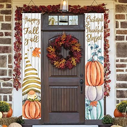 Front door fall banner decor 4th Of July Porch Sign, Porche Halloween, Pumpkin Gnome, Hello Fall Sign, Seasonal Wall Decor, Happy Fall Yall, Porch Pumpkins, Brown Doors, Hanging Flag