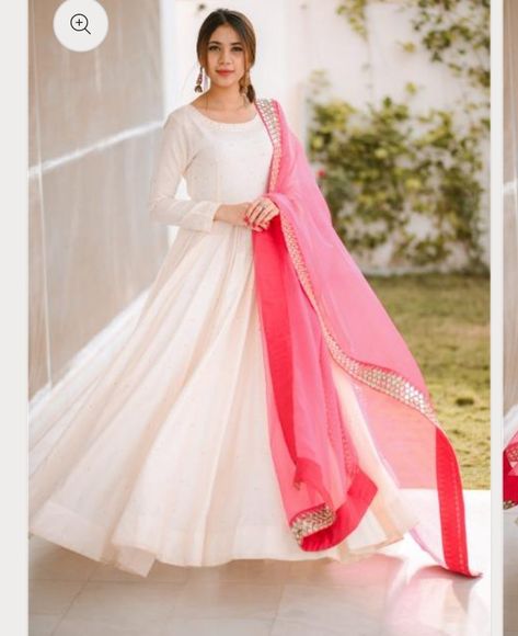 White Net Anarkali Dress, White Gown Indian, White Anarkali Dress, White Anarkali Suits, White Frock, White Anarkali, Gown Designs, Long Frock Designs, Gown With Dupatta