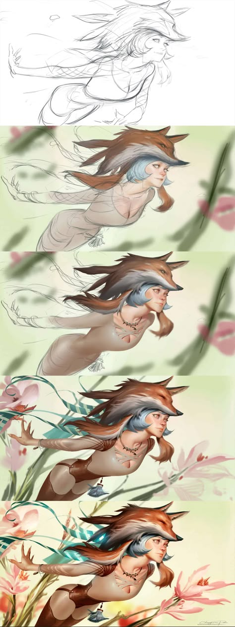 Concept Art Tutorial, Fox Spirit, Digital Painting Techniques, Digital Painting Tutorials, 판타지 아트, Process Art, Painting Process, 그림 그리기, Painting Tutorial