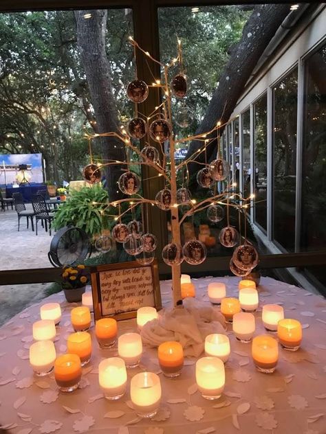 Family Reunion Banquet Ideas, Memory Wall Ideas For Deceased, Class Reunion Memorial Ideas, Reunion Memorial Ideas, Class Reunion Memorial Table Ideas, Reunion Memorial Table, Family Reunion Banquet, Family Reunion Centerpieces, School Reunion Decorations