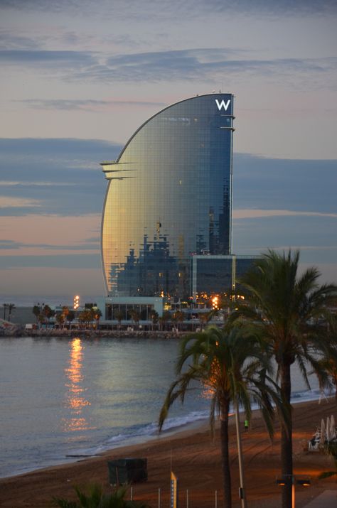 The W hotel in the morning light. Barceloneta, Barcelona W Hotel Barcelona, Brunch Barcelona, W Barcelona, Barcelona Hotel, Barcelona Aesthetic, Hotel Barcelona, Barcelona Architecture, Spain Aesthetic, Barcelona Hotels