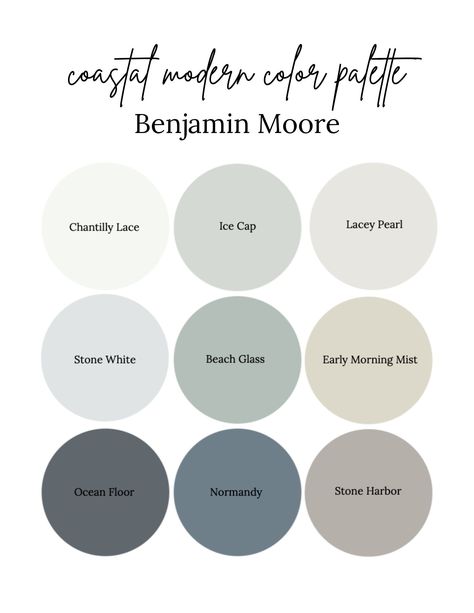 coastal modern colors Modern Coastal Color Pallet, Rustic Coastal Paint Colors, Coastal Chic Paint Colors, Stone Grey Color Palette, Modern Coastal Palette, Natural Bathroom Colors, Benjamin Moore Coastal Color Palette, Lakehouse Colour Palette, Inside House Colors Interior Design