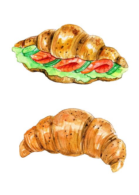 French Food Art, Crossaint Drawing, Food Reference Drawing, Pastry Sketch, Croissant Sketch, Pastry Drawing, Pastries Drawing, Pastry Watercolor, Drawing Of Food