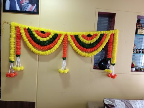 Artificial flowers toran Marigold Toran Designs, Flower Toran Designs Doors, Toran Designs Doors Handmade Flowers, Toran Designs Doors, Toran Designs Doors Handmade, Cloth Garland, Divali Decoration, Jai Mala, Door Flower Decoration