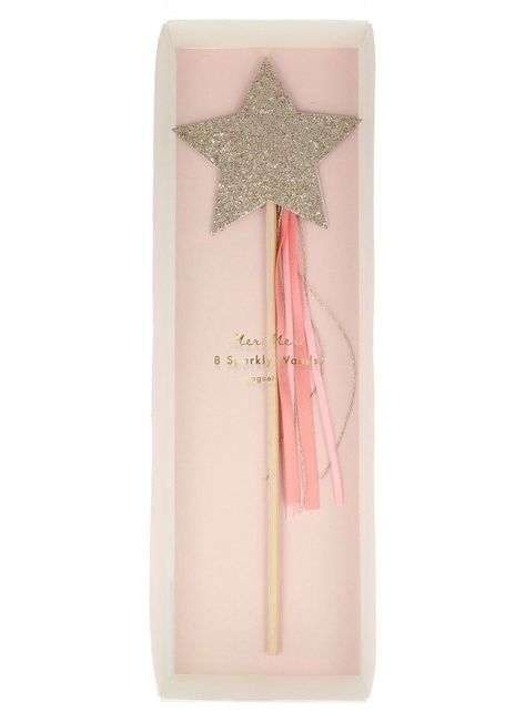 From Meri Meri: Little people love to cast pretend spells, so they'll adore these beautiful glittering gold wands. They are perfect for a princess or fairy party, or whenever you want to add a magical touch.The star is crafted from card with gold chunky eco-friendly glitterEach wand has pink ribbons and gold metallic t My Fairy First Birthday, Party Girlande, Safari Theme Birthday, Gold Glitter Stars, Wallpaper Shelves, Star Wand, Fairy Birthday Party, Fairy Wands, Meri Meri