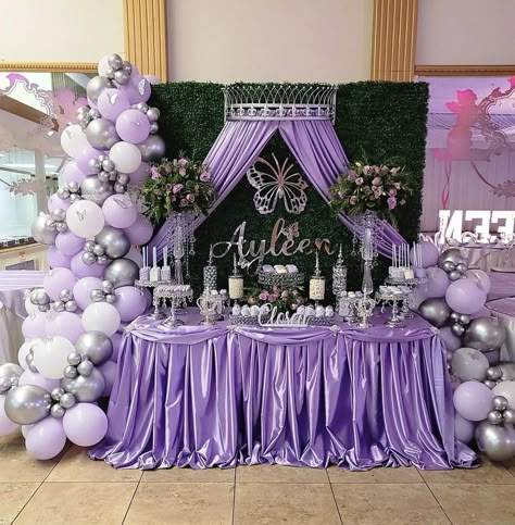 Butterfly Cake Ideas Quinceanera, Sweet 16 Purple Table, Purple Quince Backdrop, Purple Quince Main Table, Purple Butterfly Quinceanera Theme Decor, Purple Butterfly Quinceanera Theme Centerpieces, Quince Cake Purple, Quince Court Table Purple, Purple And Silver Sweet 16 Ideas