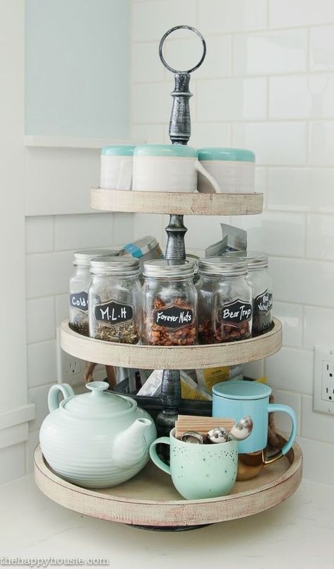 Our Kitchen Tea Station and Tiered Trays for Kitchen Storage Kitchen Countertop Organization Ideas, Three Tiered Tray, Diy Coffee Station, Kitchen Countertop Organization, Tea Station, Desain Pantry, Home Coffee Stations, Countertop Organization, Coffee Bars In Kitchen