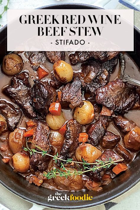 Stifado - Greek Red Wine Beef Stew Beef Stew Wine, Wine Beef Stew, Beef Stifado, Red Wine Beef Stew, Red Wine Beef, Paleo Dinners, Beef Meals, Homemade French Fries, Pearl Onions