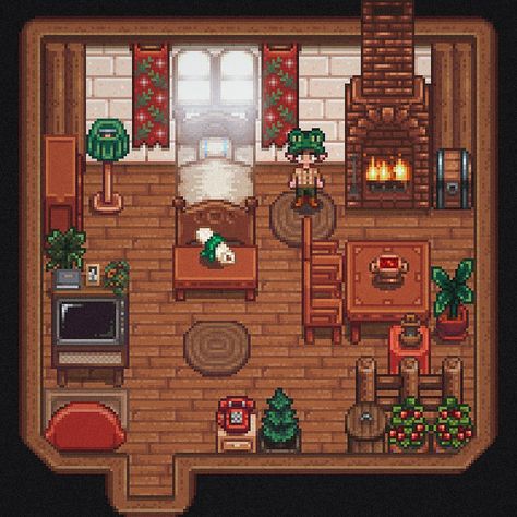 I love natural warm colours so I went for brown, red and green colour scheme for this cabin. I'm also a fan of that tier 1 farmhouse in Stardew Valley. It's fun to mess around when there's so little room as it makes you more creative 😀 Stardew Valley Inspiration Farm, Stardew Valley Character Outfit Ideas, Stardew Valley Starter House, Stardew Cabin Layout, Stardew Valley Home Interior Aesthetic, Stardew Valley Small House Interior, Cozy Stardew Valley, Cabin Stardew Valley, Stardew Valley Cabin Interior