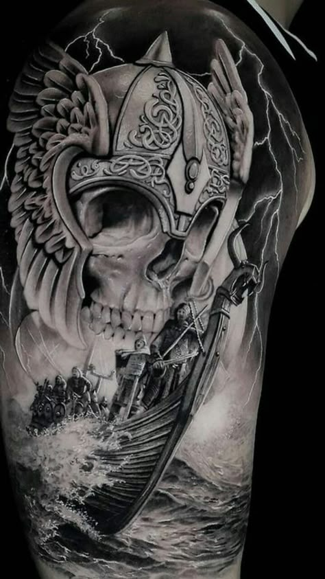 Looking for a tattoo style that will emphasize your masculinity? Then 53 Viking tattoos for men are your perfect choice! Read our article and find the best designs. Viking Helmet Tattoo, Viking Skull Art, Viking Ship Tattoo, Berserker Tattoo, Viking Tattoos For Men, Traditional Viking Tattoos, Thor Tattoo, Chest Tattoo Drawings, Viking Warrior Tattoos