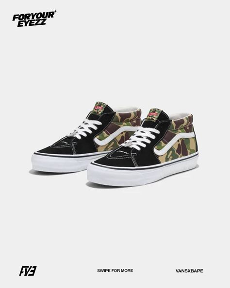 Bape and Vans have joined forces to revamp the classic Vans old skool and Sk8 mid styles. The fusion of these renowned brands brings together their unique street culture influences, offering a fresh perspective on the traditional Vans design. Adorned with the iconic camo prints from BAPE and paired with the rubber and fabric elements of the old Skool Vans, the result is a striking new aesthetic. Is it possible that a matching apparel line is on its way?? Classic Vans, Van Design, Street Culture, Old Skool, Vans Old Skool, Camo, Old Things, Bring It On