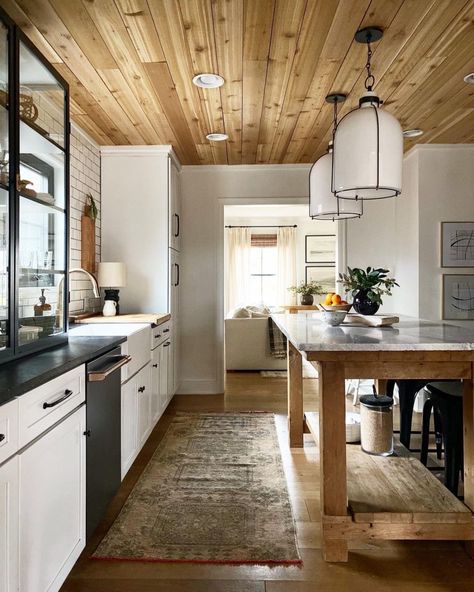 Cedar Ceiling, Extra Space Storage, Vintage Appliances, Space Storage, Stair Storage, Modern Farmhouse Kitchens, Wood Ceilings, Farmhouse Style House, Small Decor