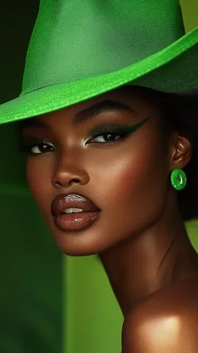 ↑↑↑ Larger size on website 🔸 A woman with dark skin is wearing a large, green hat that casts a shadow over her face. She has a bo Colorful Headshots, Makeup Black Skin, Headshot Photoshoot, Trip Fashion, Green Earring, Model Headshots, Dramatic Eye Makeup, Green Makeup, Dramatic Makeup