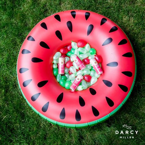 Water Balloon Cooler | Darcy Miller Designs Keep drinks cool with this frozen water balloon cooler idea. Then the games are on when the ice melts. #summerfun #activity #watermelon #party #bbq #backyard #cooler #idea #inspo Frozen Water Balloons, Watermelon Pool Party, Watermelon Birthday Party Theme, Watermelon Cooler, Watermelon Birthday Parties, Frozen Water, Kawaii Fruit, Orange Balloons, Watermelon Party