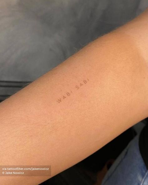 Wabi Sabi Tattoo Ideas Art, Wabi Sabi Tattoo Words, Minimalist Tattoo Letters, Wabi Sabi Tattoo Ideas, Tiny Letter Tattoo, Single Word Tattoos, Wabi Sabi Tattoo, Single Needle Tattoo Ideas, Brown Ink Tattoo