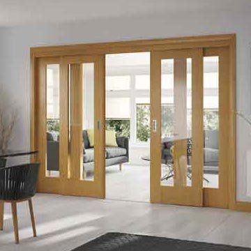 A free delivery is standard, these Easi-Slide oak veneered sliding doors incorporating a frame and track set with fixed side insets includes clear safety glass, when you add on the frame dimensions and allow the two opening centre doors to overlap the fixed side frame sidelights by 16mm you have a maximum overall width as follows; All 2090 high inc 29mm extra for site adjustment, and either 2510mm, 2810mm, 3110mm or 3410mm overall. French Door Sizes, Sliding Door Room Dividers, Door Frame Molding, Sliding French Doors, Internal French Doors, Internal Sliding Doors, Glazed Doors, Room Divider Doors, Sliding Door Systems