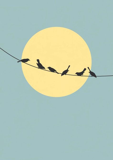 Birds on wires aesthetic illustration poster. Sun in the blue sky aesthetic illustration poster. Silhouettes of the birds sitting on a wire. Minimalistic style wall decor. Birds On Wire Silhouette, Sky Aesthetic Illustration, Sun Drawing Aesthetic, Wires Aesthetic, Birds Sitting On A Wire, Birds Aesthetic, Blue Sky Aesthetic, Bird Silhouette Art, Sun Bird