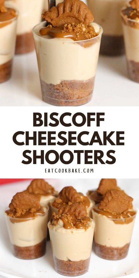 These Biscoff cheesecake shooters are super easy to make and there's no baking required. The recipe serves up to 36 Lotus Biscoff dessert shooters so it's perfect for feeding a crowd! Easy Dessert Cup Ideas, Biscoff Dessert Shooters, Housewarming Party Dessert Ideas, Fall Shooter Desserts, Dessert Cup Shooters, Dessert Tin Ideas, Wedding Dessert Cup Ideas, Mini Autumn Desserts, Fancy Fall Appetizers For Party