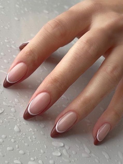 Brown and white double French tip nails Classy Acrylic, Unghie Sfumate, Kutek Disney, Classy Nail, Brown Nails Design, September Nails, October Nails, Nails Trends, Smink Inspiration