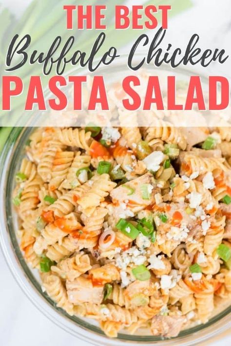 This Buffalo Chicken Pasta Salad has all the elements to make a perfect meal. Spicy chicken, cool dressing, crunchy vegetables and creamy, sharp bleu cheese. Buffalo Pasta, Chickpea Recipes Healthy, Buffalo Chicken Pasta Salad, Chicken Pasta Salad Recipes, Classic Pasta Salad, Crab Salad Recipe, Creamy Pasta Salads, Chickpea Curry Recipe, Layered Salad Recipes