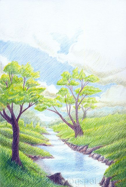 Moleskine art! Colour Pencil Art Landscapes, Pencil Drawings Of Nature, Landscape Drawing Easy, Color Pencil Sketch, Color Pencil Illustration, Moleskine Art, Crayon Drawings, Pencil Sketch Images, Colored Pencil Artwork