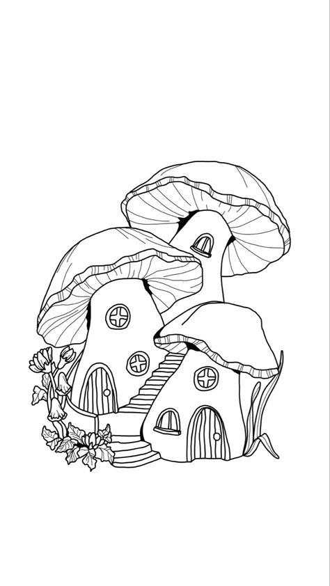 Fairy House Doodle, Gnome Village Drawing, Easy Whimsical Drawings, Whimsical House Drawing, Mushroom Houses Drawings, Fantasy Doodles Simple, Fairy Garden Drawing Simple, Fairytale Cottage Drawing, Fairy House Drawing Cottages