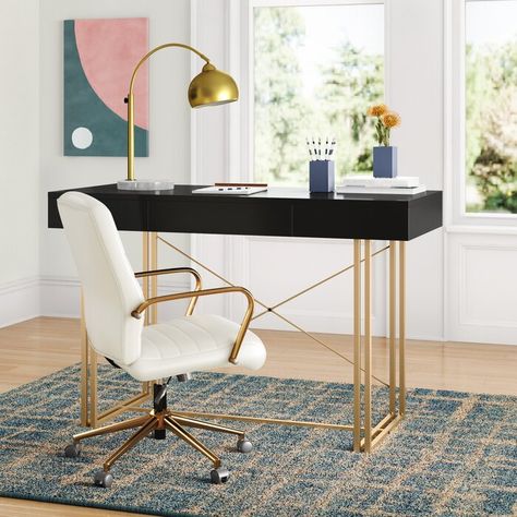 Mercury Row® Modern Black Home Office Desk | Wayfair.ca Black White And Gold Office, Black And Gold Office Ideas, Black And Gold Desk, Black And Gold Office, Desk Entryway, Office Desk Black, Black Home Office, Gold Office, Gold Desk