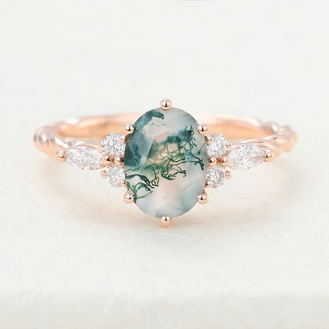 Gem Stone Engagement Rings, Ring Style Guide, Nature Engagement Ring, Agate Wedding, Engagement Rings Twisted, Green Gemstone Ring, Moss Agate Engagement Ring, Wedding Ring Ideas, Twisted Ring