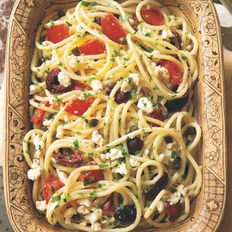 Spaghetti with Tomatoes, Black Olives, Garlic, and Feta Cheese Recipe - Quick From Scratch Pasta | Food & Wine Spaghetti With Tomatoes, Resep Pasta, Italian Favorites, Diner Recept, Cole Slaw, Fettuccine Alfredo, Pasta Salads, Black Olives, Think Food