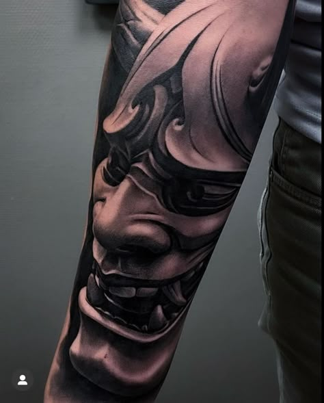 Oni Mask Tattoo Realism, Hannya Mask Tattoo Design, Japanese Realism, Mascara Hannya, Japanese Demon Tattoo, Shen Long Tattoo, Japanese Mask Tattoo, Tattoo Japan, Oni Mask Tattoo