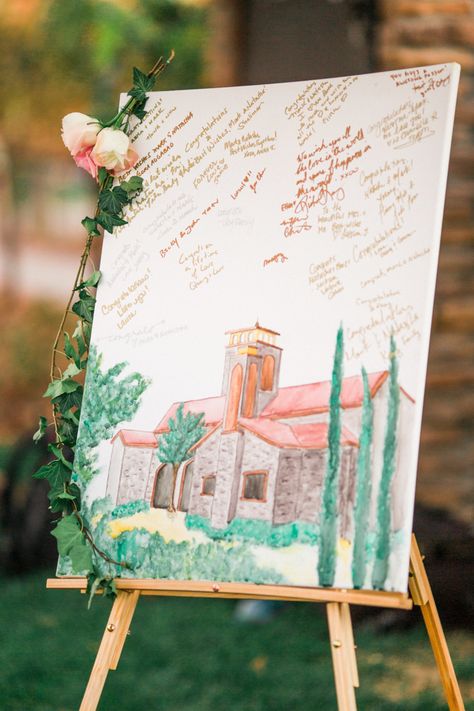 Tuscany Inspired Wedding at Lorimar Winery | Canvas Guest Book Idea | Wedding Guest Book | Guest Book Wedding | Alternative Guest Book Idea | Wedding Venue Drawing | Wedding Venue Painting | Guest Book Ideas | Fine Art Wedding Inspiration | Vineyard Wedding Ideas Painting Guest Book, Wine Vineyard Wedding, Tuscany Inspired Wedding, Watercolor Wedding Theme, Canvas Guest Book Wedding, Guest Book Canvas, Al Fresco Wedding, Diy Wedding Guest Book, Tuscan Inspired Wedding