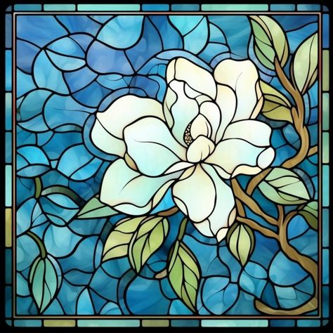 "Gardenia Stained Glass Window Cling - 8\" or 12\" - Elegant Floral Decor Perfect for Gifts Immerse yourself in the beauty of blooming gardenias with our charming Gardenia Stained Glass Window Cling. Delicately crafted, this piece captures the elegance of gardenia flowers, bringing their timeless beauty into your home. Available in both 8-inch and 12-inch sizes, these gardenia window clings are perfect for adding a touch of nature and elegance to any room. Each detail of the gardenia is carefully rendered to create a visually stunning piece that is as captivating as it is beautiful. The sun streaming through this cling will cast mesmerizing gardenia silhouettes throughout your room, creating a tranquil and serene ambiance. It's a simple and effective way to transform your space, offering a Gardenia Painting, Stained Glass Flowers Patterns, Stained Glass Windows Patterns, Stained Glass Window Flower, Stained Glass Art Window, Blue Stained Glass Window, Magnolia Flower Stained Glass Pattern, Gardenia Flowers, Magnolia Stained Glass Window