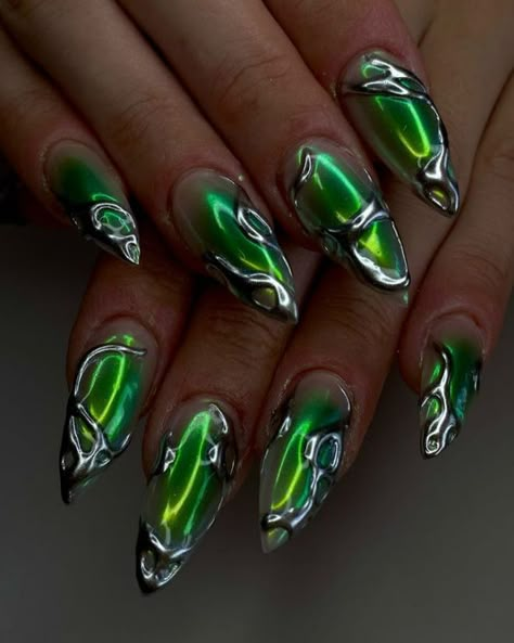 Trashy Y2k Nails, Alien Nails, Nail Design Glitter, Emerald Nails, Green Nail Art, Gothic Nails, Y2k Nails, Trashy Y2k, Nails Desing