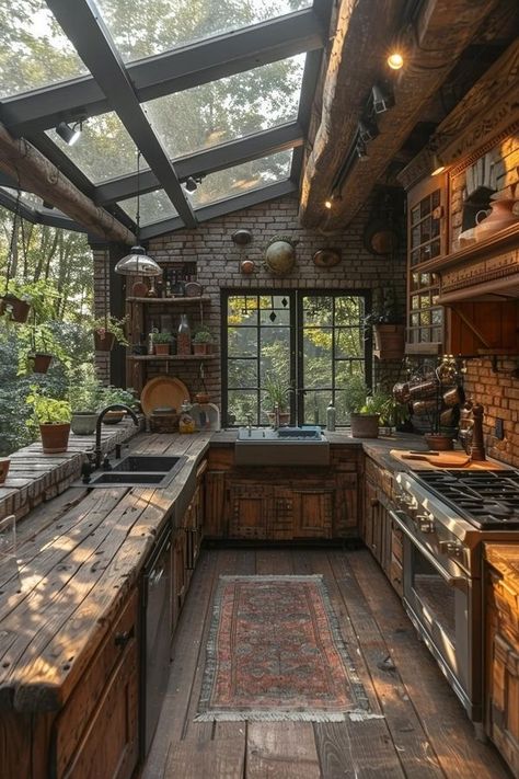 Mountain Cottage Aesthetic, Little Cabin Interior, Boho Log Cabin, Rustic Log Cabin Kitchens, Cabins In The Woods Interior, Rustic Cabin Interior, Woods Cottage, Log Cabin Kitchens, Boho Cabin