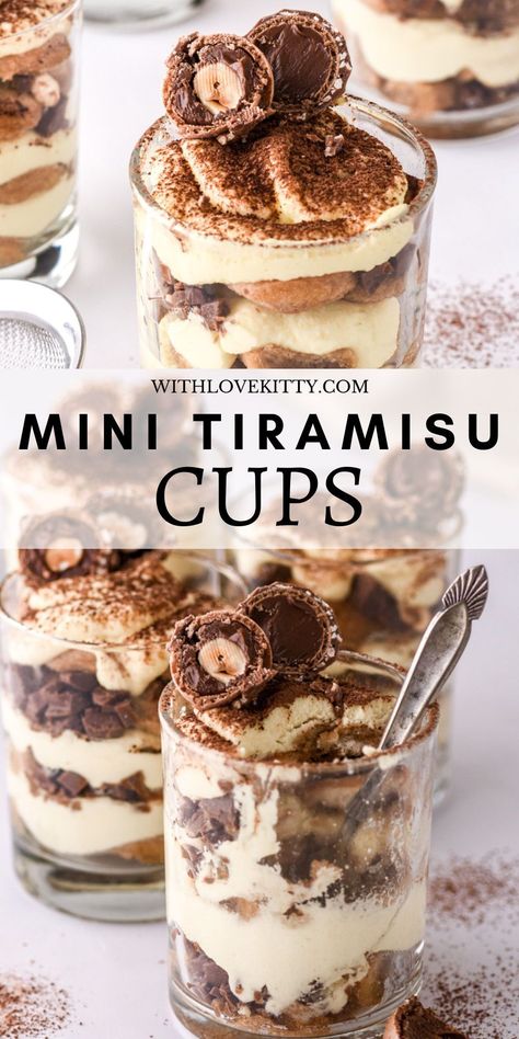 This recipe for mini Tiramisu Cups is for individual tiramisu desserts made from layers of coffee-soaked ladyfingers, a mascarpone filling, chopped chocolate chunks, and a dusting of cocoa powder to finish them off. Mini Tiramisu Cups, Tiramisu In A Cup, Individual Tiramisu, Kitty Recipes, Easy Dinner Party Desserts, Mini Tiramisu, Party Pasta, Tiramisu Cups, Mascarpone Filling