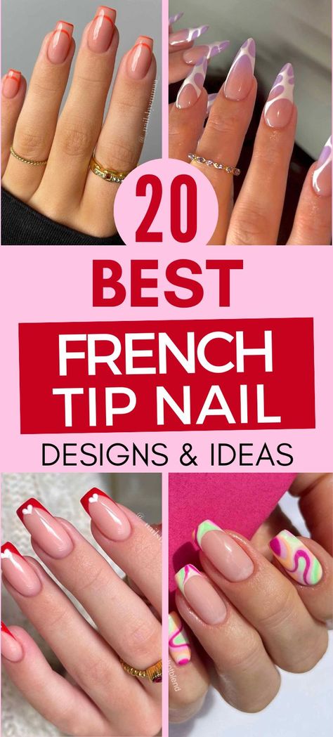 The Best French Tip Nail Designs & Ideas French Tops With Design, French Manicure With Stripe, French Tip Gel Polish, Colored French Tip Nails Chrome, Simple Color French Tip Nails, French Gel Designs, Nail Ideas For French Tips, Short Nails Colored French Tip, One Color French Tip Nails