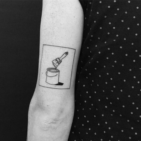 Men’s Line Art Tattoo, Tattoo Ideas For Painters, Paint Can Tattoo, Fine Line Paint Brush Tattoo, Simple Line Work Tattoo For Men, Simple Line Tattoo Men, Small Paintbrush Tattoo, Tats Meaningful, Bucket Tattoo