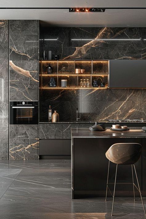 Modern Gold Kitchens: Discover Top 30 Luxurious Designs Modern Gold Kitchen, Dark Interior Design, Black Kitchen Decor, Nordic Kitchen, Modern Appliances, White Marble Countertops, H Design, Gold Kitchen, Scandinavian Kitchen