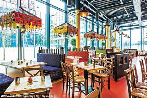 The Indian Tiffin Room is vast, modern, cavernous and airy, with various neon light instal... Punjabi Theme Restaurant, Dhaba Interior, Indian Cafe, Roots Design, Restaurant Themes, Fast Casual Restaurant, Indian Interiors, Tom Parker, Tuk Tuk