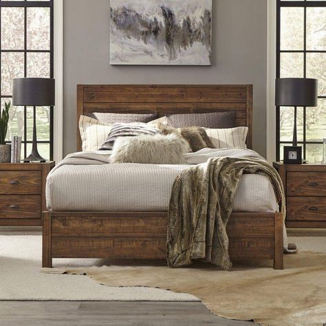 PRICES MAY VARY. RUSTIC PLATFORM BED: Vintage look infuses your home interior with timeless elegance. INCLUDES: Headboard, footboard, two side rails, four slats, and support legs. QUEEN-SIZE: Requires queen-sized box spring and mattress (not included). STYLE: Hardwood in distressed walnut finish complements a variety of home decors. GUARANTEE: 100 % no hassle return policy. Update your rustic or farmhouse-styled decor with this solid queen size panel bed. This bedroom furniture piece offers stur Simple Farmhouse Bedroom Antique Farmhouse, Bedroom Sets King Size, Bedroom Decor Rustic Farmhouse Style, Rustic King Bed Frame, King Size Bed Master Bedrooms Farmhouse, Scandinavian Master Bedrooms Decor, Farmhouse Bedroom With Dark Furniture, Dark Master Bedrooms Decor Cozy, Wood And Black Bedroom