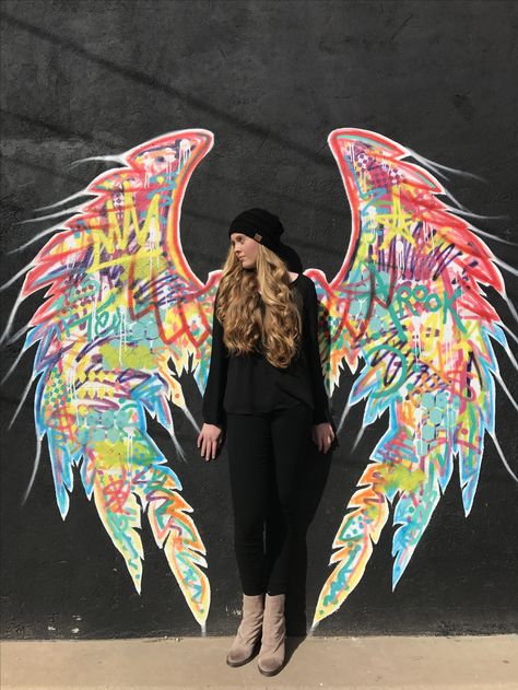 Angel wings, San Angelo TX. Graffiti photography. Angel Wings Graffiti, Business Selfie, Wing Mural, Selfie Walls, Wings Mural, Wings Ideas, Angel Wings Art, Selfie Wall, Graffiti Photography