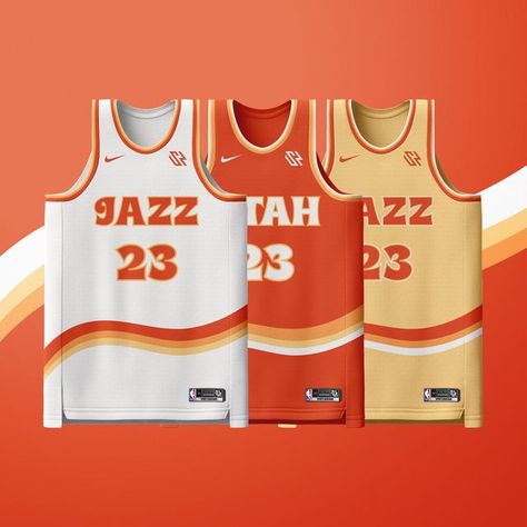 Sports Redesigns on Instagram: "Utah Jazz Rebrand - Using a pastel color scheme that represents both jazz music as well as the red rocks of Utah, I came up with this uniform set that represents what jazz is all about. Enjoy! - - - #basketball #nbabasketball #basketballcourt #graphicdesign #nba #jersey #foryoupage #dsnnrepost #basketballuniforms #nbafinals #redesign #swish #basketballplayer #baseball #ballislife #nba2k22 #football #feeddesignrepost #ballgame #afweekly #edit #nfl #ncaa #ball #coll Sports Uniform Design, Vintage Basketball Jerseys, Nba Uniforms, Nba Basket, Basket Art, Sports Jersey Design, Pastel Color Schemes, Vintage Football Shirts, Basketball Uniforms