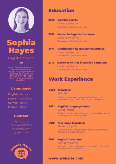 Duotone Simple Sophia Hayes Translator Resume Cv Translator, Translator Resume, Registered Nurse Resume, Advanced Grammar, Ats Resume, Language Translator, Nursing Resume Template, Job Celebration, Cv Cover Letter