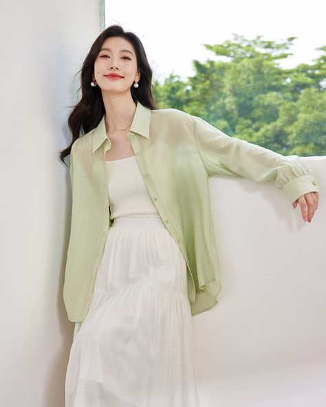 Elevate Your Style| Shirt The translucent green hazy fabric 🍃 and free-flowing back design 🦋 add a touch of vibrant energy and carefree adventure to your summer. 🛒https://www.vimlystore.com/products/24bm8032 #vimlystore #newin #Shirt #summer #Fashion Light Green Shirt Outfit, Green Shirt Outfits, Vibrant Energy, Free Flowing, Green Shirt, Style Shirt, Back Design, Elevate Your Style, Summer Outfit