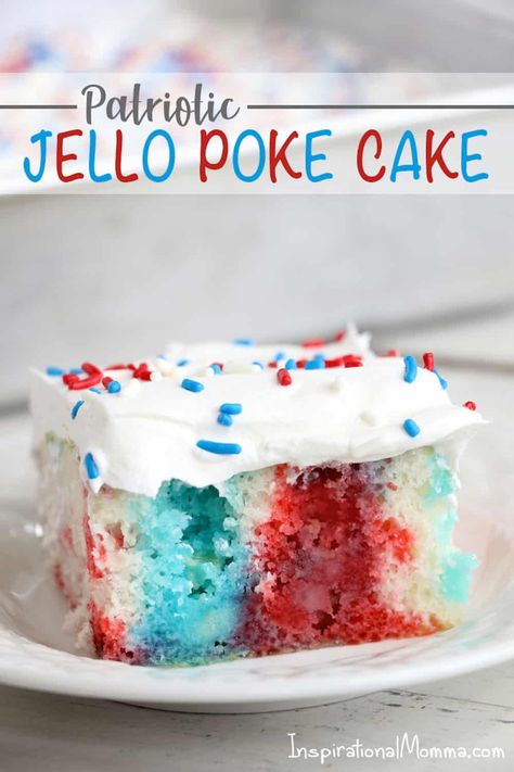 Show your American pride with this Patriotic Jello Poke Cake! Moist, delicious cake drizzled with sweet, colorful jello, all covered with whipped topping! #InspirationalMomma #jellopokecake #pokecake #America #4thofJuly #jello #cake #dessert #desserts #recipe #patriotic #redwhiteblue Patriotic Jello, Jello Poke Cake, Irish Knitting, Poke Cake Jello, Jello Cake, Fruity Cake, Patriotic Desserts, Poke Cake Recipes, 4th Of July Desserts