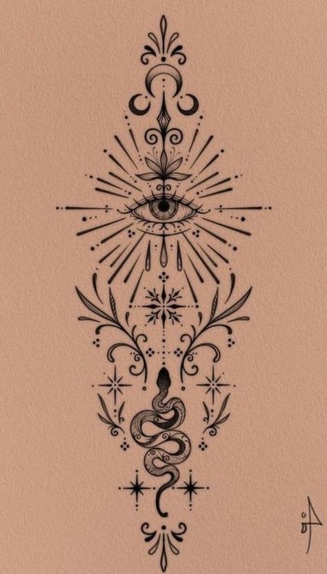 Ornate Sleeve Tattoo, Spine And Shoulder Tattoo, Dark Feminine Tattoo Ideas, Esoteric Tattoo Spiritual, Meditating Tattoo, Earthy Tattoo Ideas, Daydream Tattoo, Fine Line Back Tattoo, Back Spine Tattoo